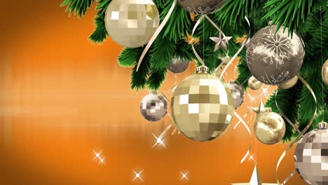 Animation-of-baubles-and-stars-on-christmas-trees-against-orange-background