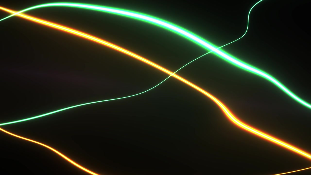 Linee neon astratte verdi e arancioni che scorrono su sfondo nero