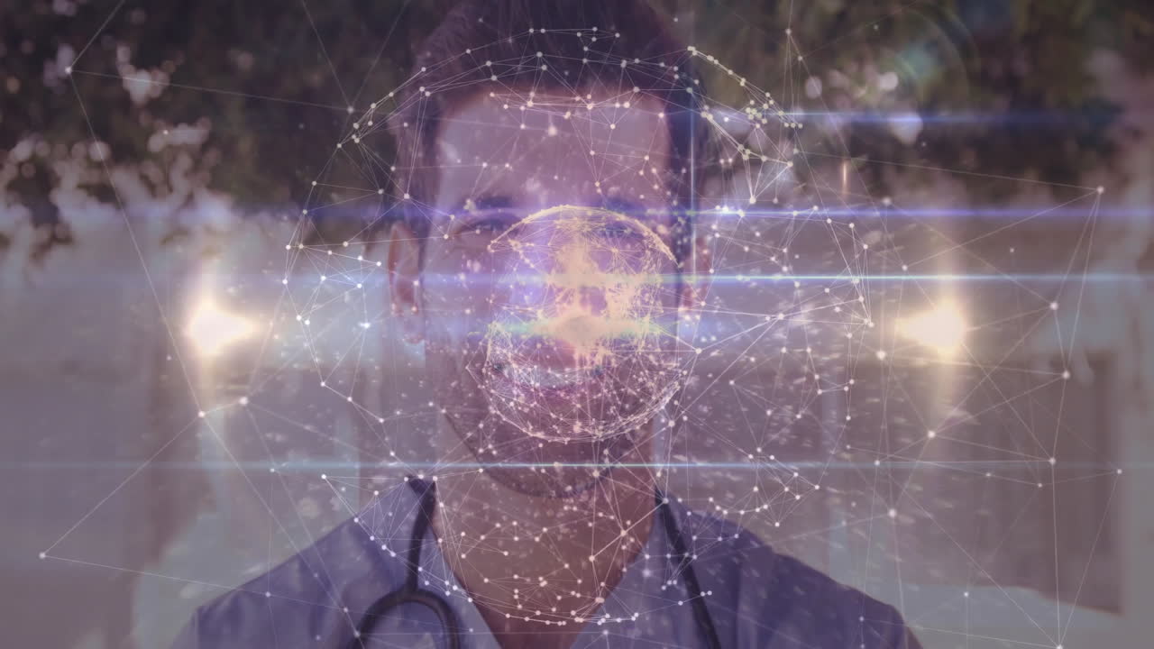 Medical doctor standing facing camera outdoors, displaying network nodes, stethoscope, lens flare
