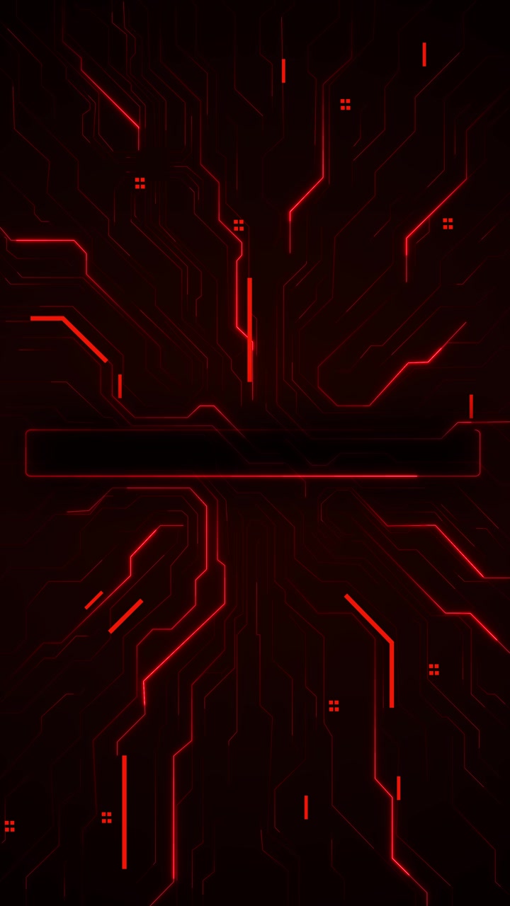 Layout di circuito tecnologico rosso scuro con percorsi luminosi e brillanti, pannello rettangolare e nodi digitali cibernetici
