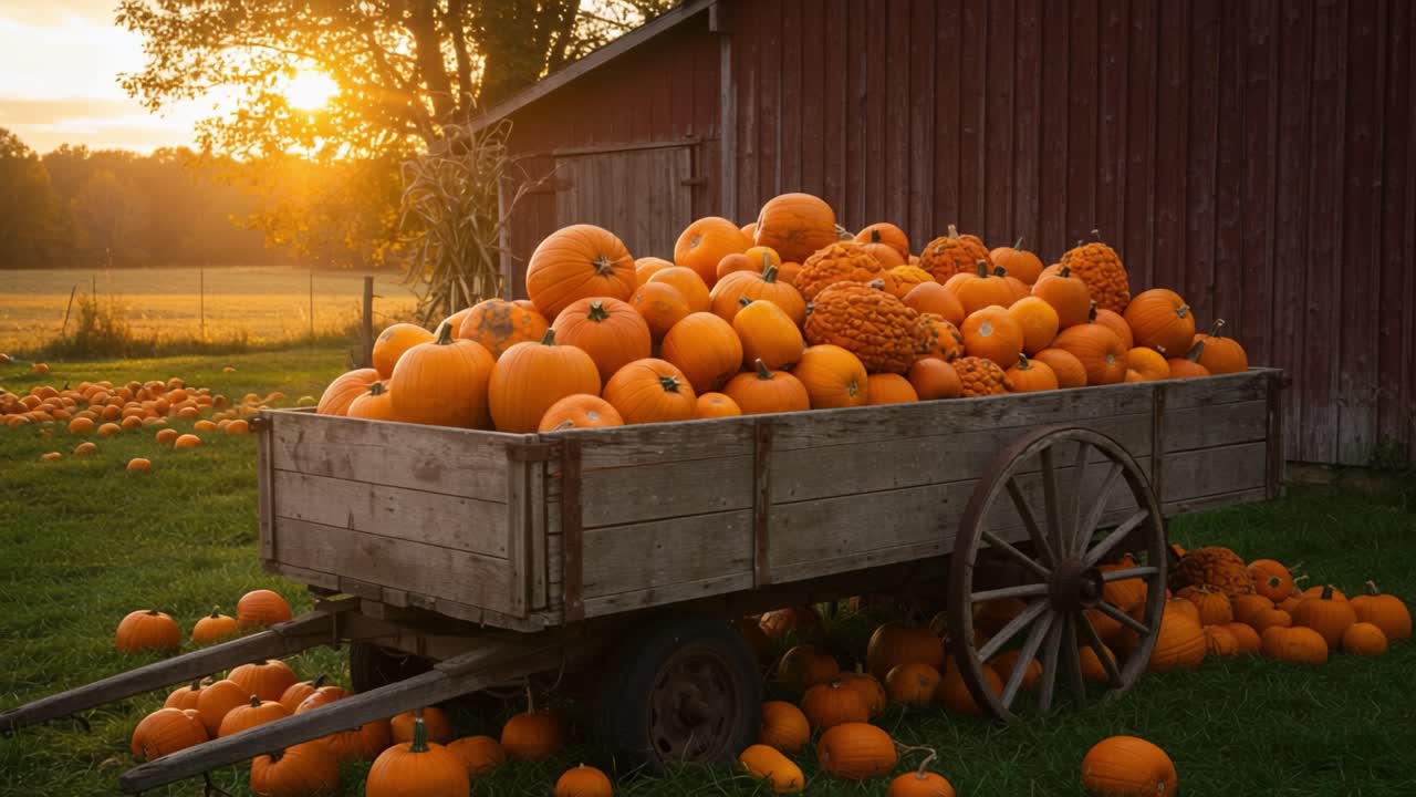 A Bountiful Harvest at Sunset: An Abundant Cart Overflowing with Vibrant Orange Pumpkins in a Serene Farm Setting Amongst Lush Green Grass