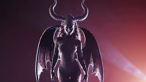 súcubo sensual que encarna un personaje de fantasía oscura, con cuernos y alas intrincadas mientras realiza una postura dramática en un entorno sombrío con efectos dinámicos de gradación de colores