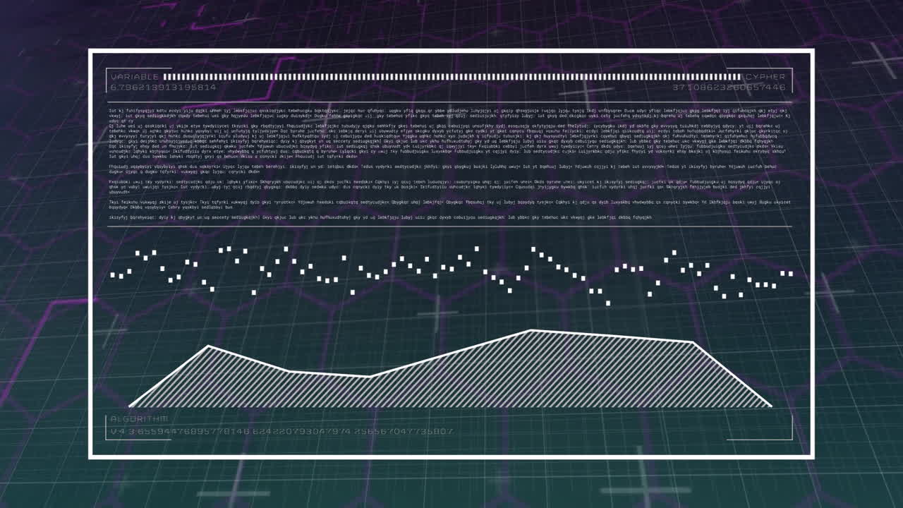 Animation of digital data visualization with graphs and text on grid background