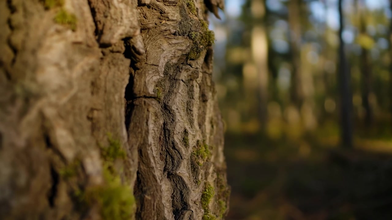 Stationary tree trunk in foreground fills left portion of frame showing coarse, layered bark with deep fissures and scattered moss patches in sharp relative focus; subtle focal and illumination