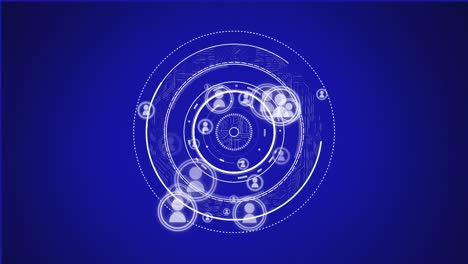 animation of interface showing circular scope with connected people icons on blue background