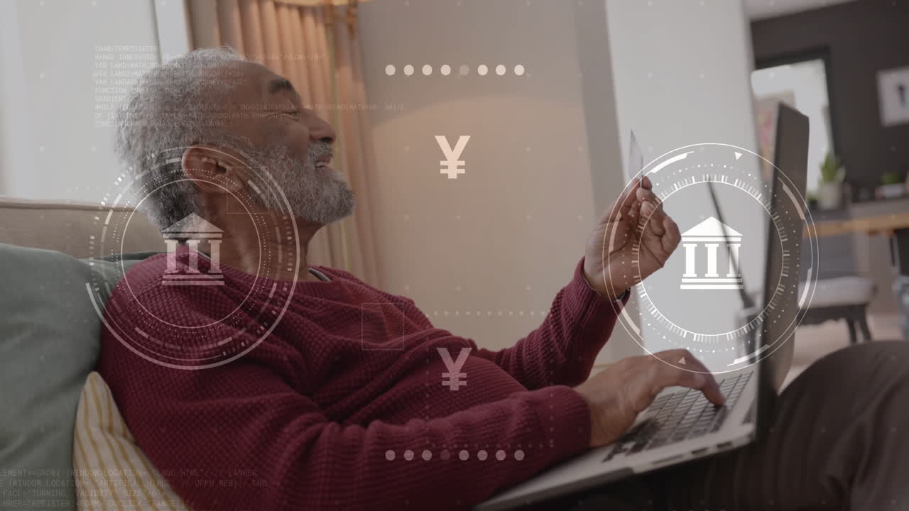 animazione di icone di valuta e elaborazione dei dati su uomo biraciale che paga online con carta