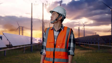 asian male engineer with safety helmet looking around while standing with solar panel and wind turbines