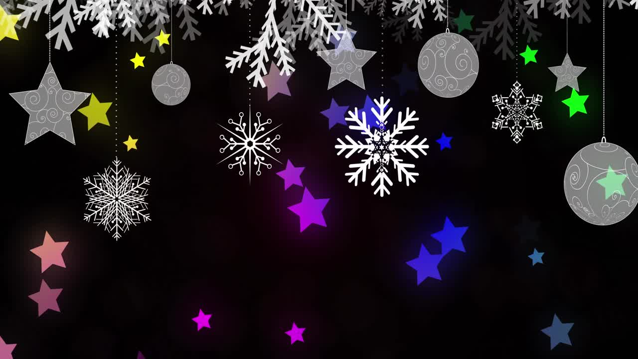 animación de copos de nieve con decoraciones navideñas y estrellas de colores sobre fondo negro