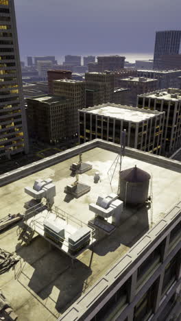 city skyline view at twilight with urban structures and transportation below