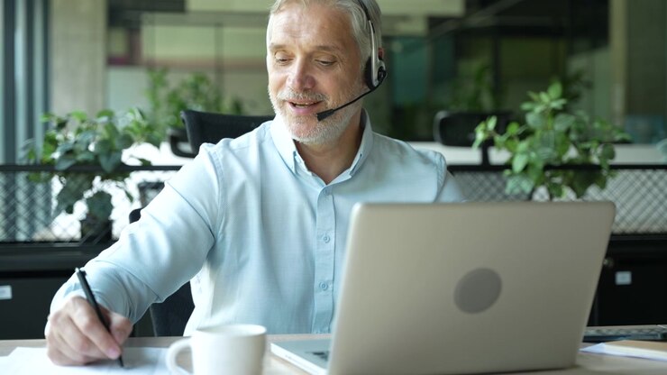 Uomo professionista maturo che lavora al laptop in un ufficio moderno.