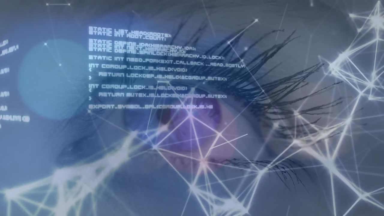Data processing and network of connections against close up of female eye