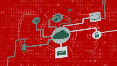 Animation-Des-Scope-Scannens-über-Ein-Netzwerk-Digitaler-Symbole-Vor-Binärer-Kodierung-Auf-Rotem-Hintergrund