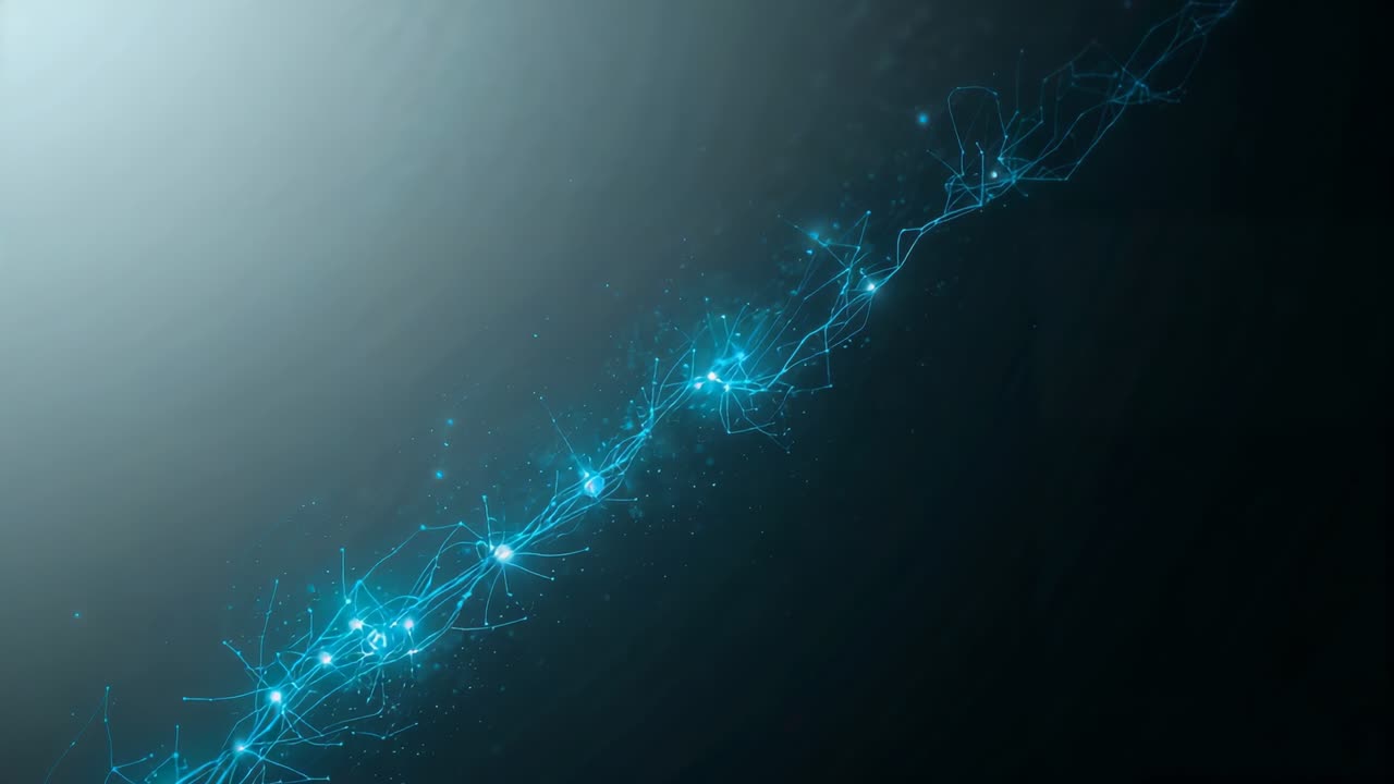 Opening void revealing pulsing filament rising with thin lines, glowing blue nodes, drifting sparks