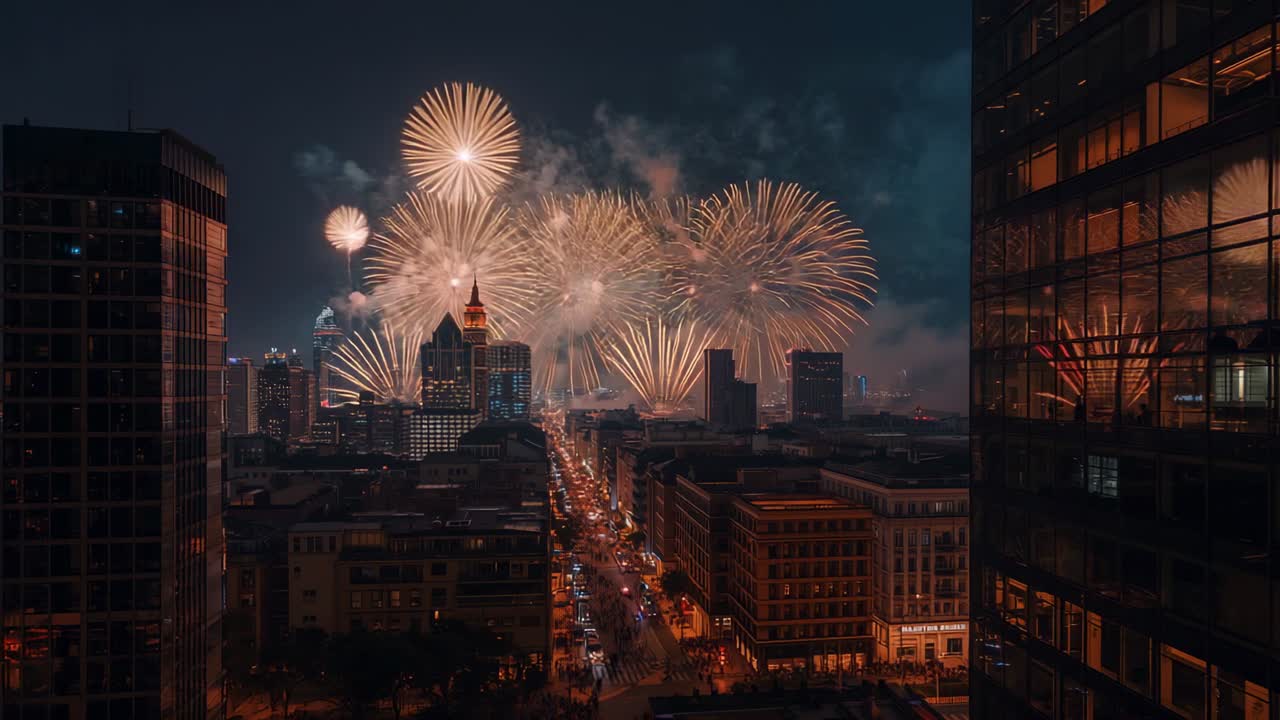 Countdown ending, firework shells launching golden bursts above avenue, lighting glass highrise
