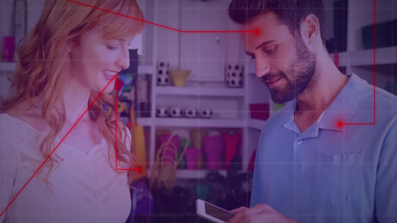 animación del procesamiento de datos financieros sobre personas caucásicas que usan terminales de pago