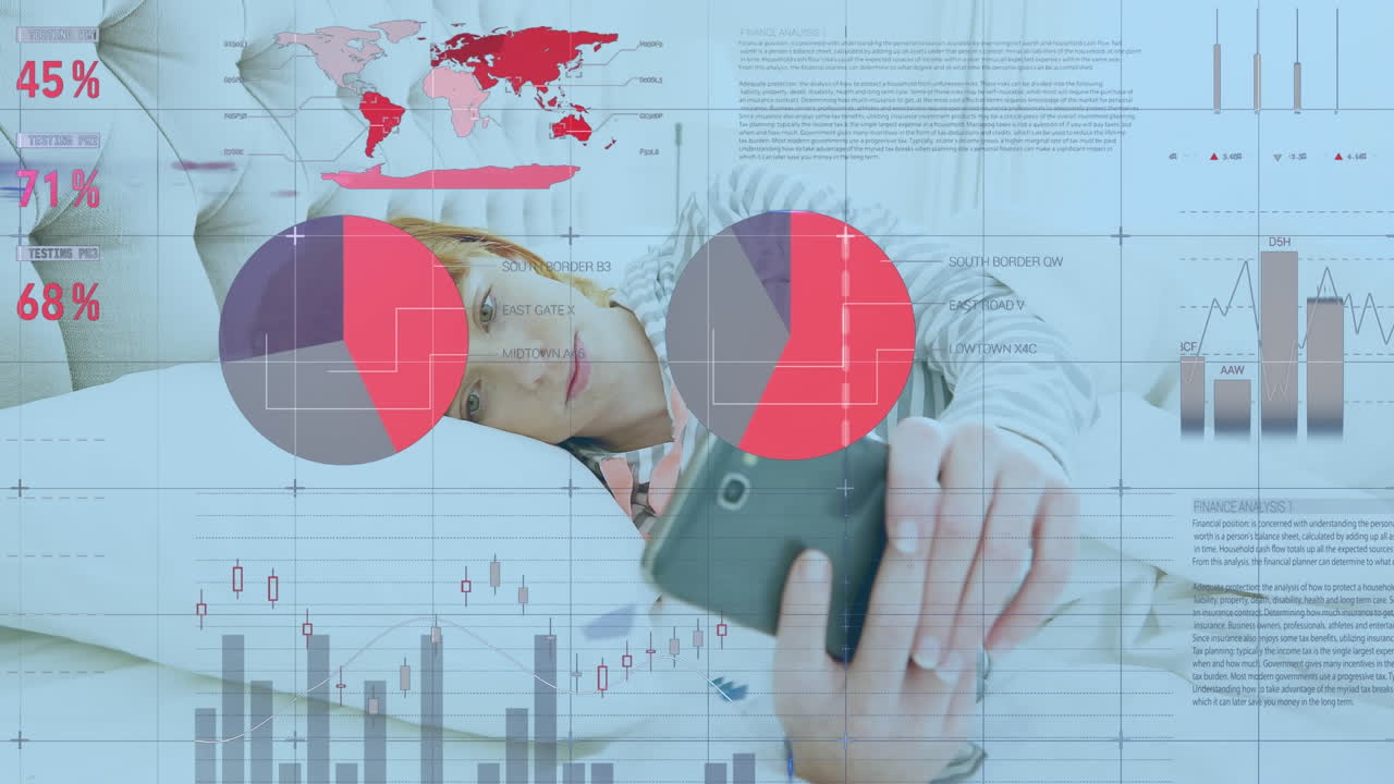 Animation of statistical data processing over caucasian woman using smartphone lying on bed at home
