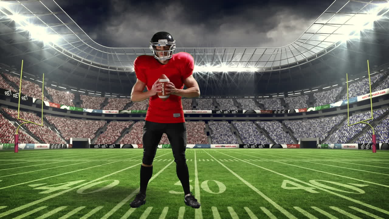 Animazione di un giocatore di football americano su uno stadio sportivo