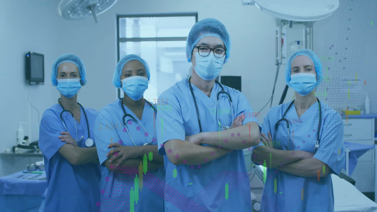 Equipo médico de pie en un quirófano, con un gráfico de signos vitales animado y un icono de corazón flotante.