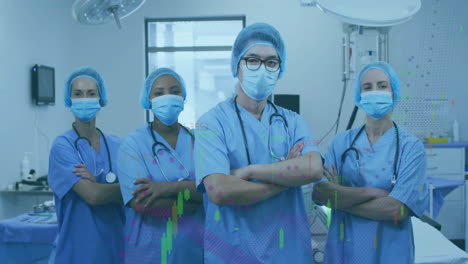 medical team standing in operating room, with animated vital chart and floating heart icon