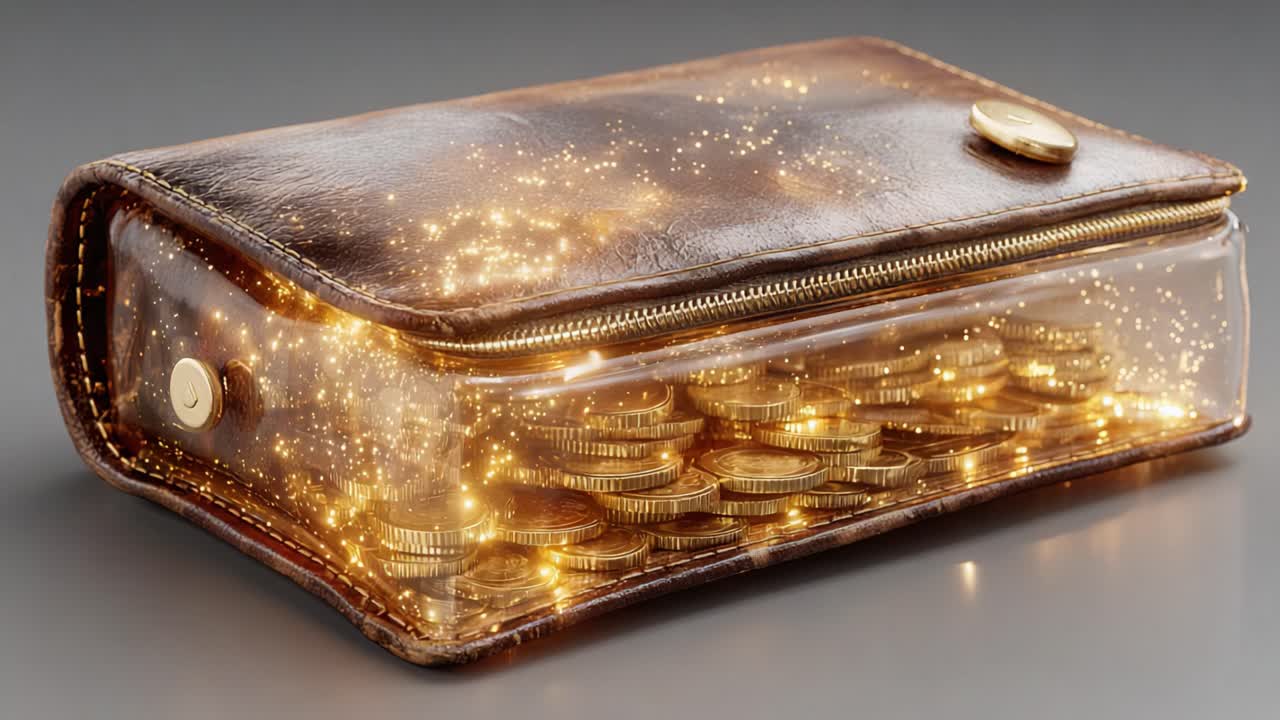 Golden coins magically appearing and filling a transparent leather wallet, representing increasing wealth, financial success, savings, investment returns, and growing prosperity or income
