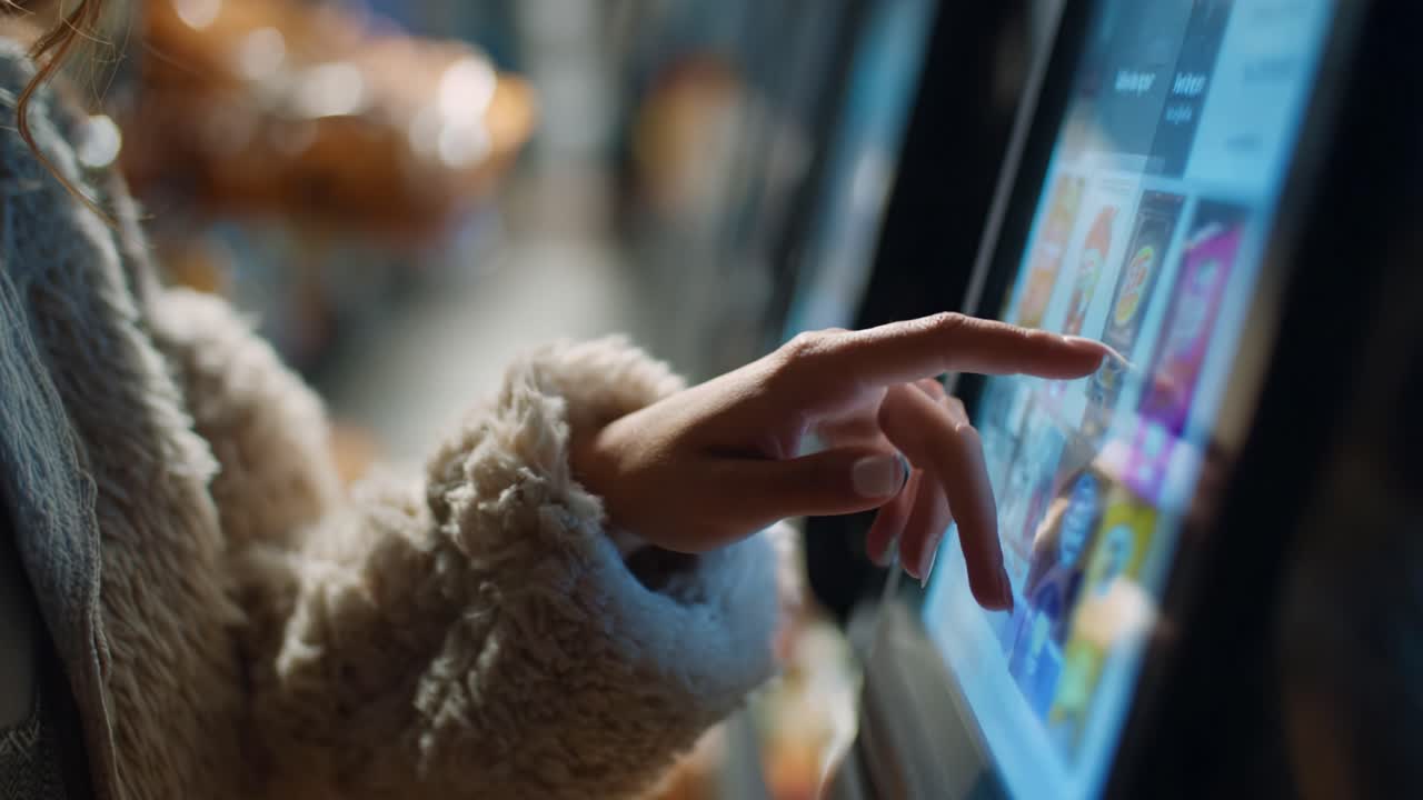 User Interacting with Digital Touchscreen: Exploring Options on a Modern Kiosk in a Trendy Environment