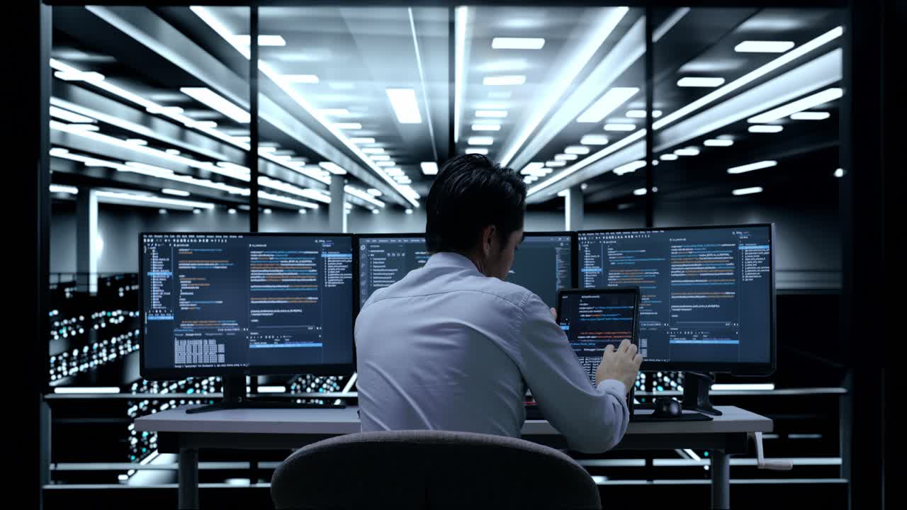 Back View Of Asian Male Programmer Looking At Database On Tablet While Writing Code By Desktops Using Multiple Monitors Showing Database On Terminal Window In The Server Room