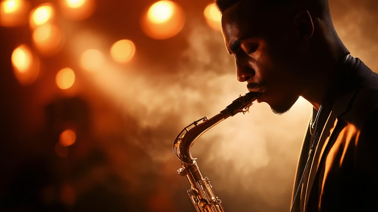 Captivating saxophone performance illuminated by warm lights, showcasing a talented musician immersed in the soulful melodies, creating an unforgettable moment of jazz music artistry