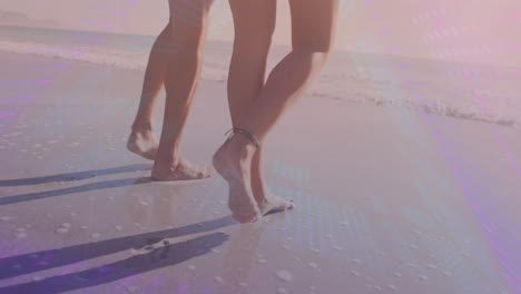 walking on beach, legs of two people with light effects animation over sand