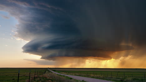 dramatic supercell thunderstorm over expansive plains at sunset