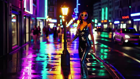 glamorous woman in sparkly dress on neon-lit city street at night