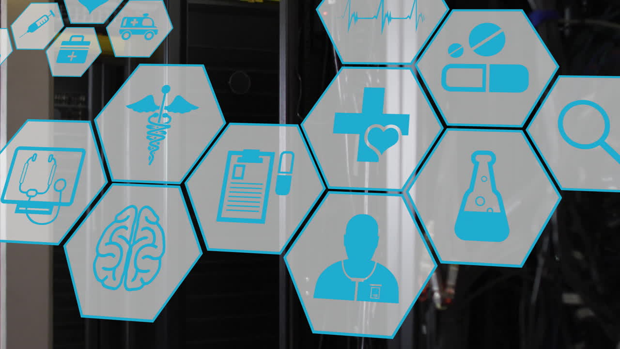 animación de iconos científicos y médicos con procesamiento de datos a través de servidores informáticos