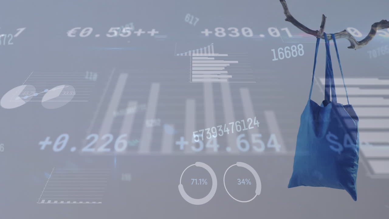 파란색 쇼핑백 위에 변화하는 숫자의 애니메이션과 통계 기록