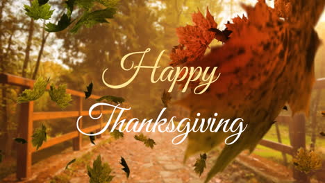 animation of happy thanksgiving text banner and autumn leaves falling against bridge in the park