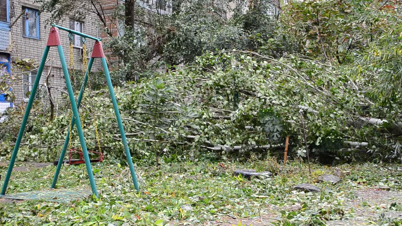 Børnegynge og orkan. Meget stærk vind, fejer en omkuld