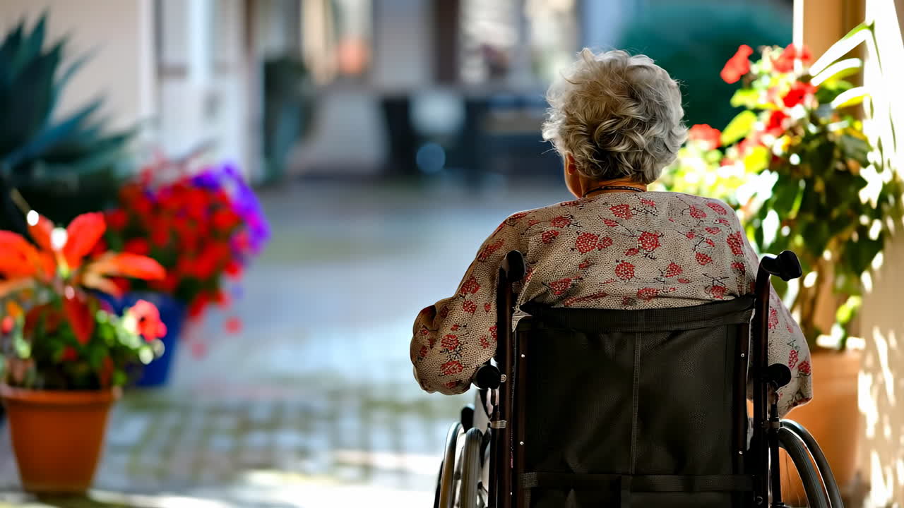 Elderly woman with flowers in sun. An elderly woman in a wheelchair admires colorful flowers in a sunny courtyard during a peaceful afternoon