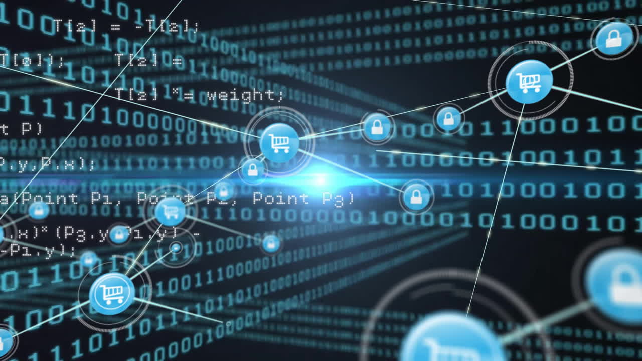 Animation of network of connections with icons over data processing on black background