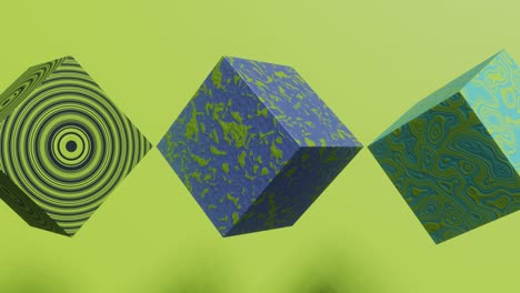 animated multicolor cubes on a green background. modern abstract seamless loop 3d animation