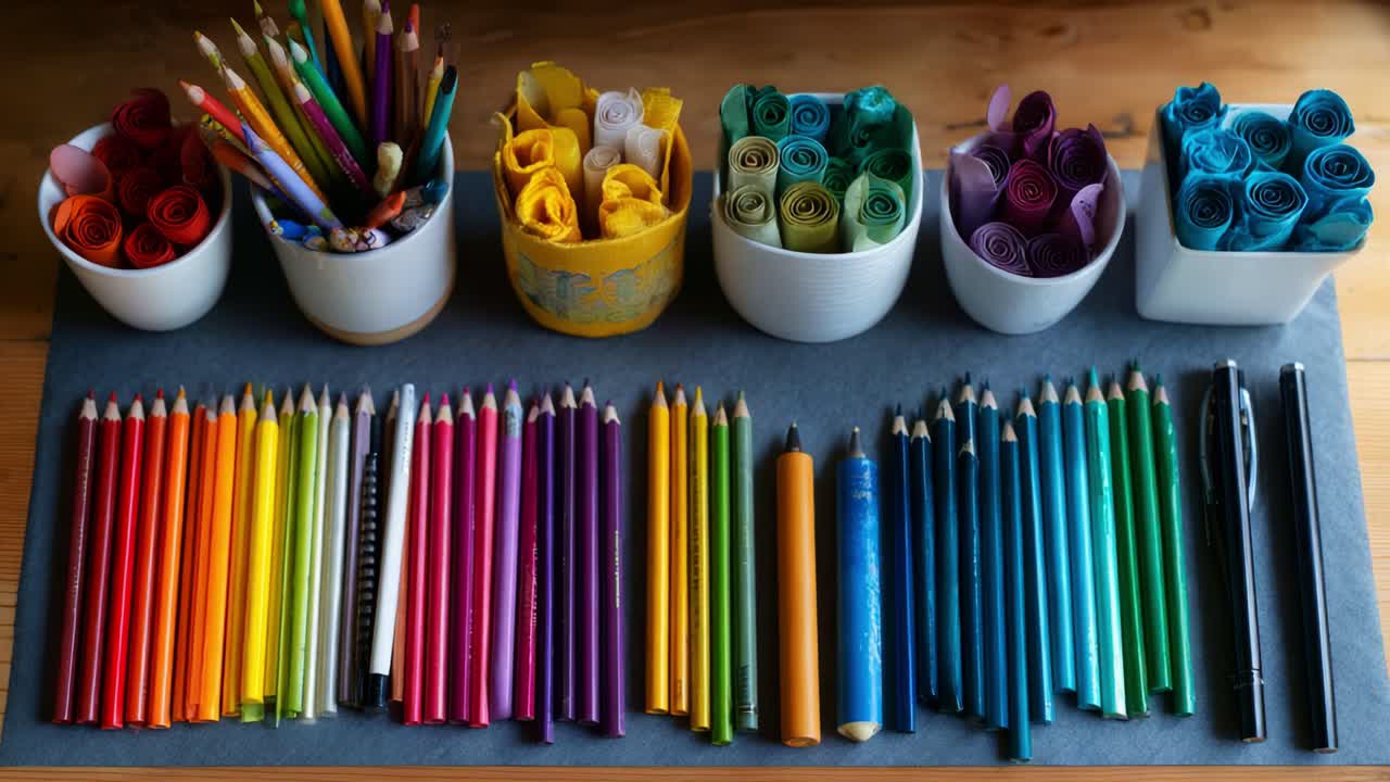 Una variopinta gamma di articoli artistici: matite vivaci, carta decorativa e strumenti creativi presentati in una disposizione organizzata ed estetica