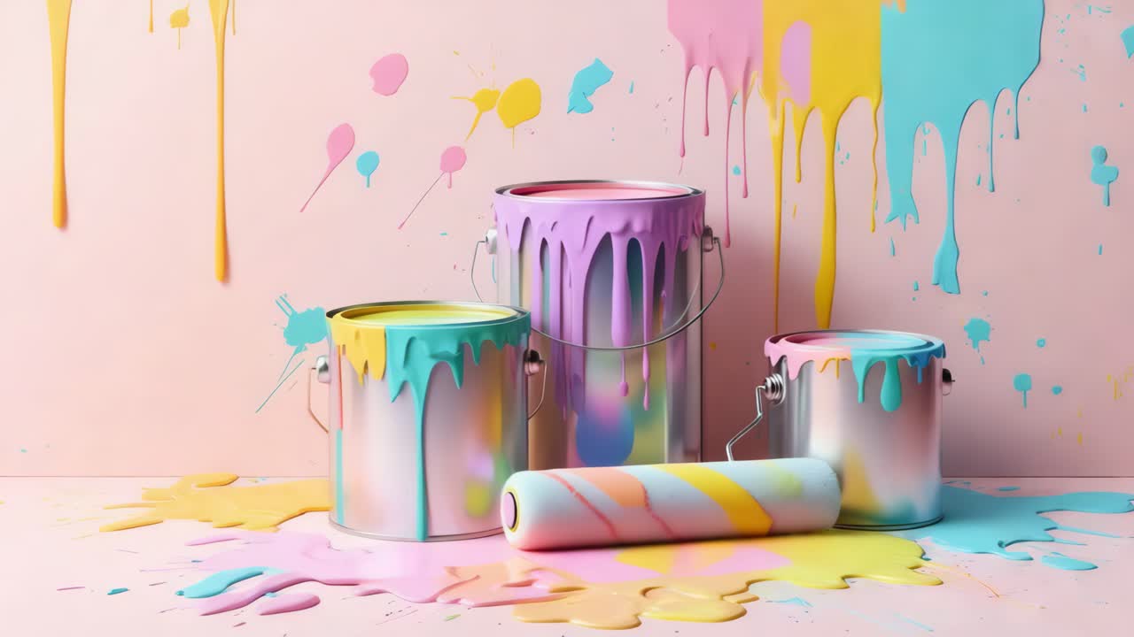 파스텔 분홍색 배경 에 있는 다채로운 페인트 캔 과 스필