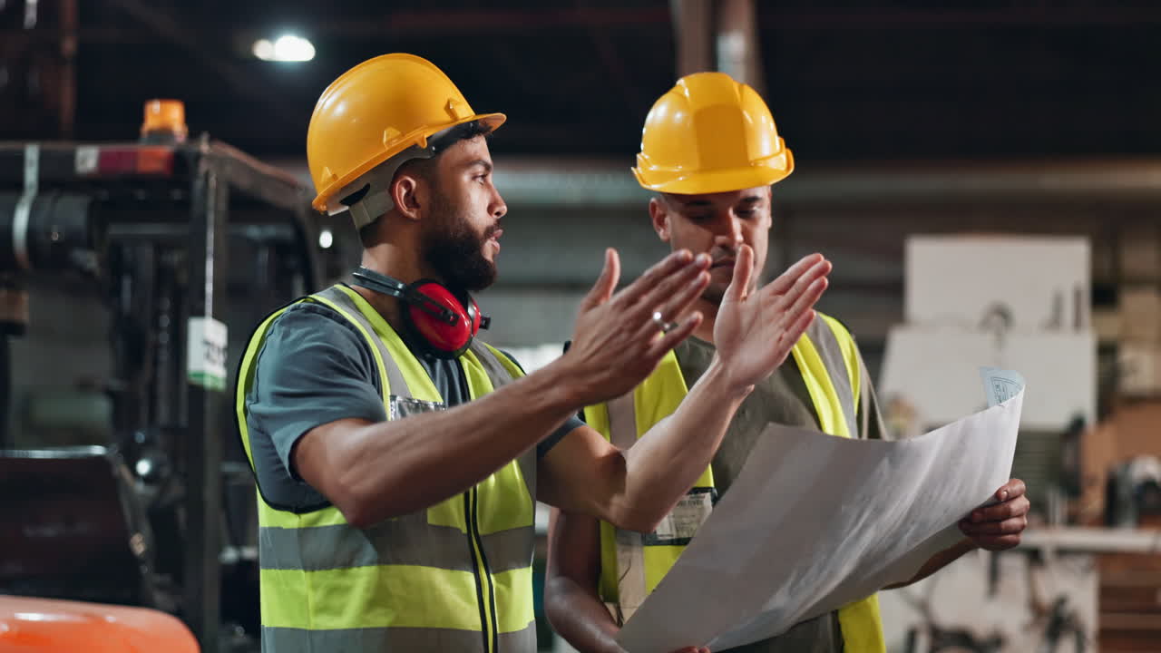 Construction workers reviewing blueprints in a warehouse