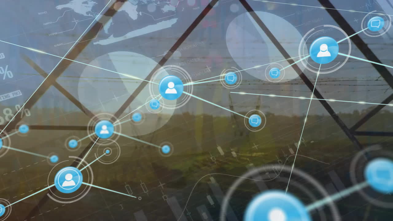 animación de la red de conexiones con íconos y procesamiento de datos a través de pilares eléctricos