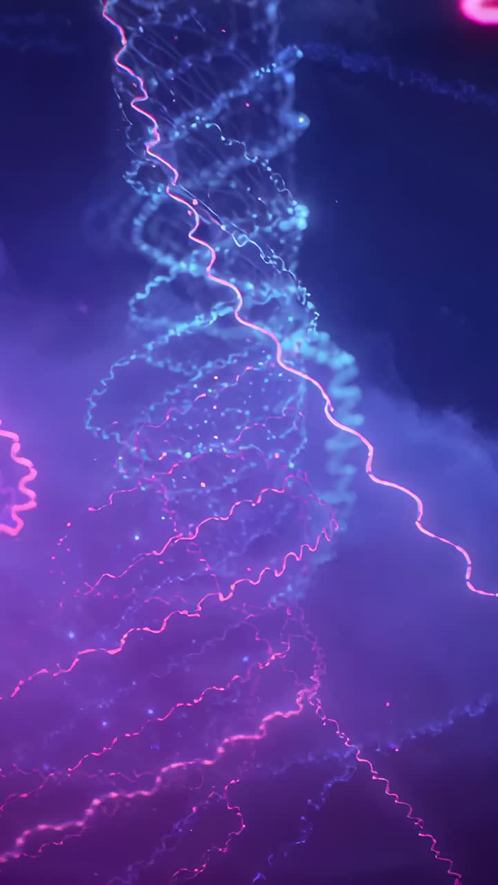 Vertical video: Coalescing turquoise particles forming rotating helix in void with neon pink ribbon