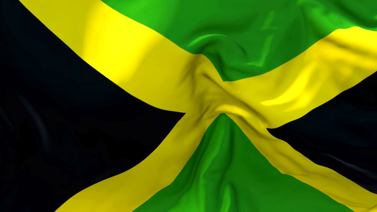 Jamaica Flag Waving in Wind Slow Motion Animation . 4K Realistic Fabric Texture Flag Smooth Blowing on a windy day Continuous Seamless Loop Background.