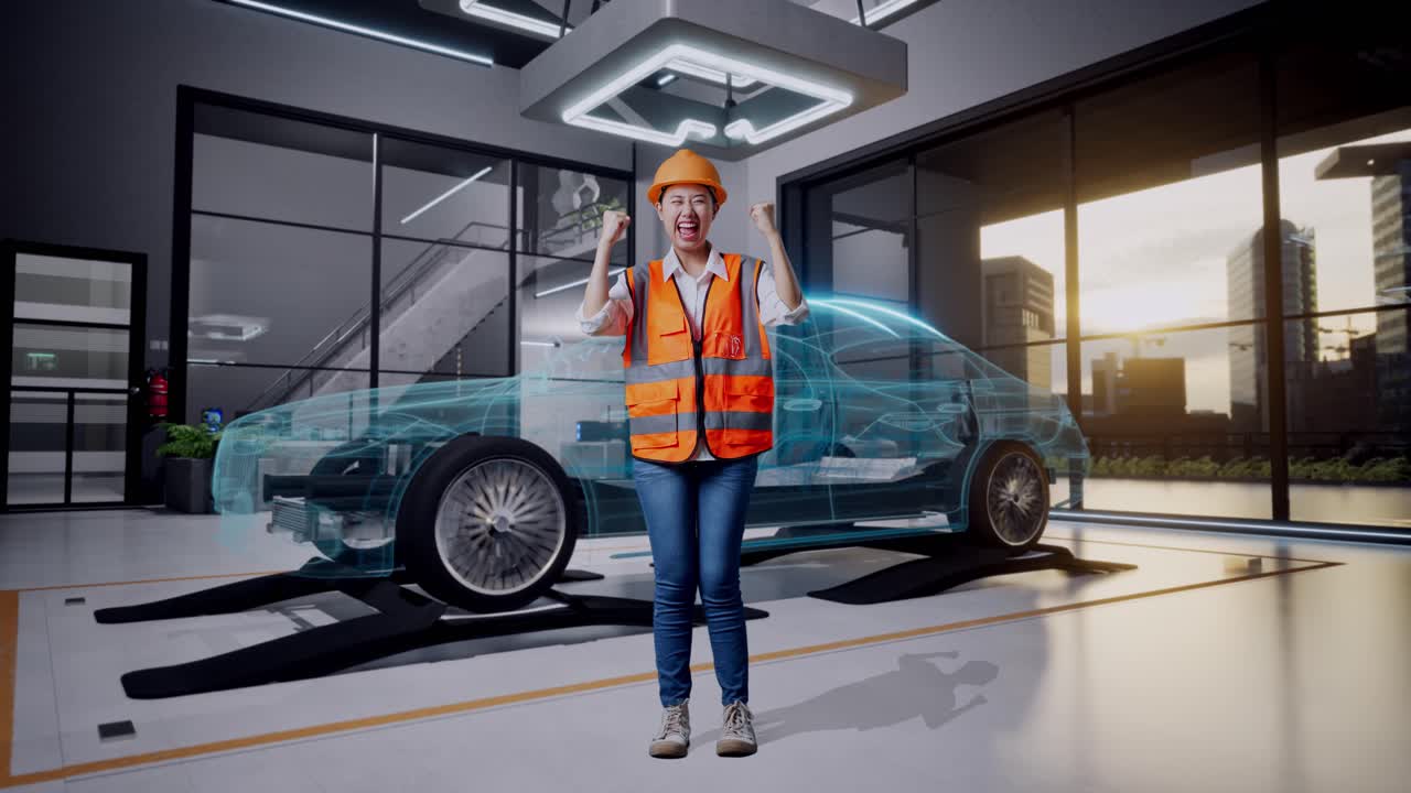 cuerpo lleno de ingeniera asiática con casco de seguridad gritando meta celebrando trabajando con el concepto de vehículo eléctrico
