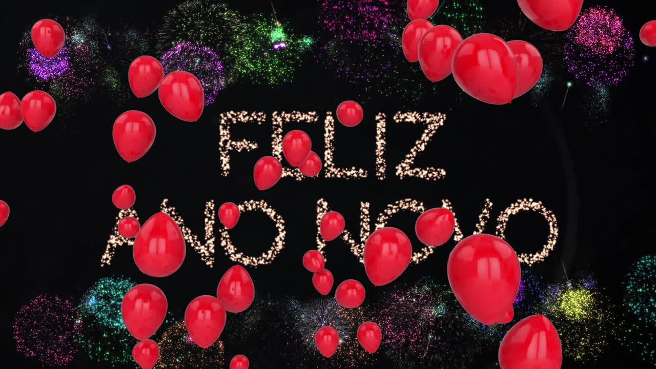 animazione di testo di buon anno nuovo, palloncini rossi con fuochi d'artificio su sfondo nero