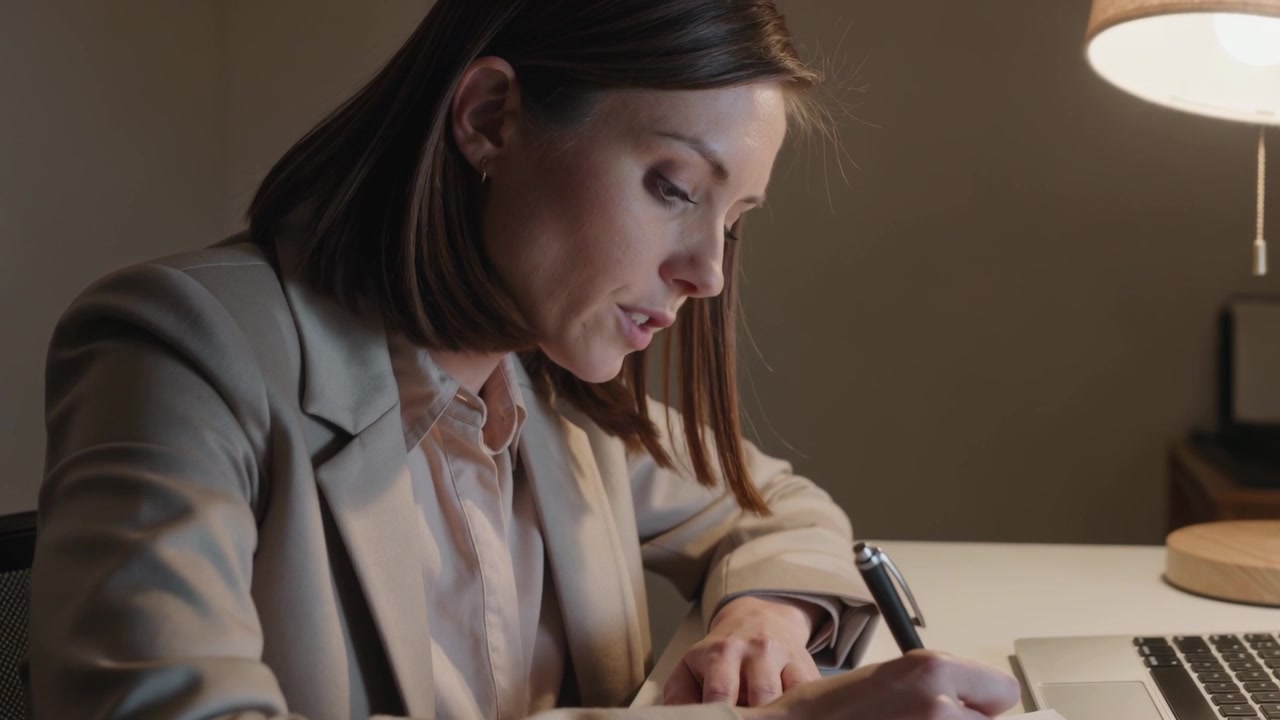 Starting work, woman in blazer writing on pad at desk, glancing at laptop and checking phone