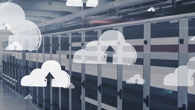 Animation of cloud icons with arrows over moving bars against server room in background