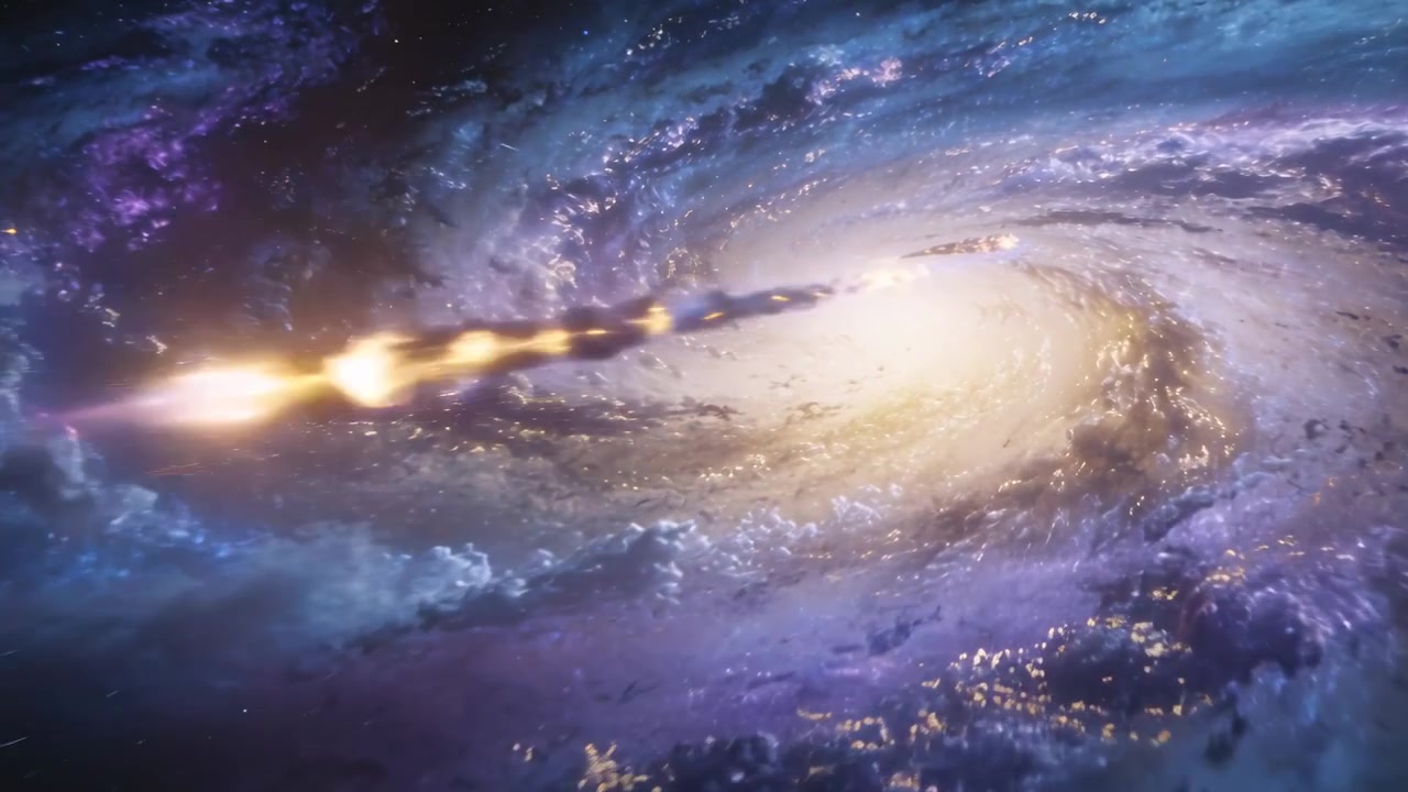 Entering luminous jet feeding galaxy core in deep space from left, fragmenting into glowing sparks