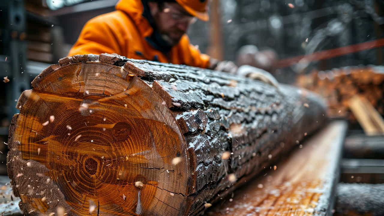 Men work with logs during snow in forest. Workers cut and shape logs in a snowy forest, showcasing the craftsmanship involved in timber preparation