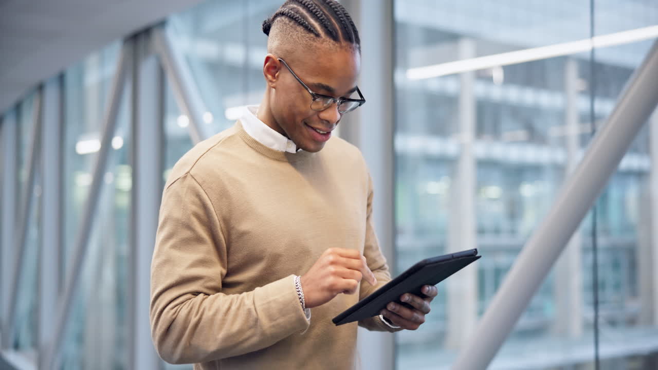 Tablet, walking and black man research in office
